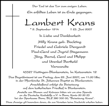 Traueranzeige von Lambert Krans von Tageszeitung