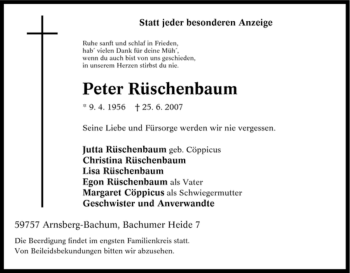 Traueranzeige von Peter Rüschenbaum von Tageszeitung