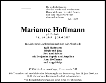 Traueranzeige von Marianne Hoffmann von Tageszeitung