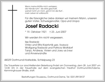 Traueranzeige von Josef Radacki von Tageszeitung