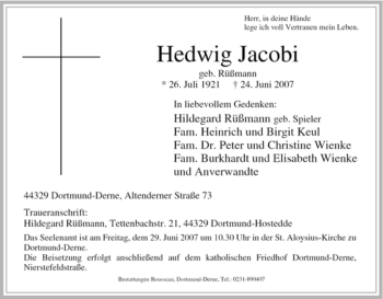 Traueranzeige von Hedwig Jacobi von Tageszeitung