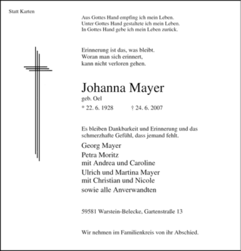 Traueranzeige von Johanna Mayer von Tageszeitung