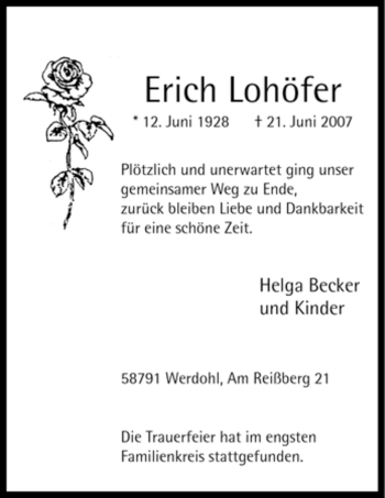 Traueranzeige von Erich Lohöfer von Tageszeitung