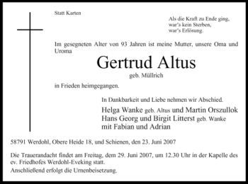 Traueranzeige von Gertrud Altus von Tageszeitung