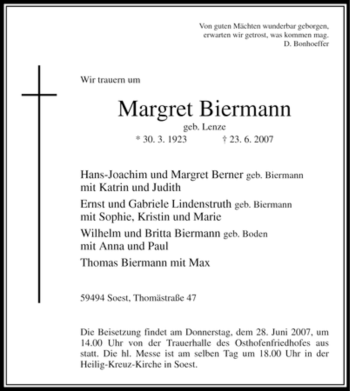 Traueranzeige von Margret Biermann von Tageszeitung