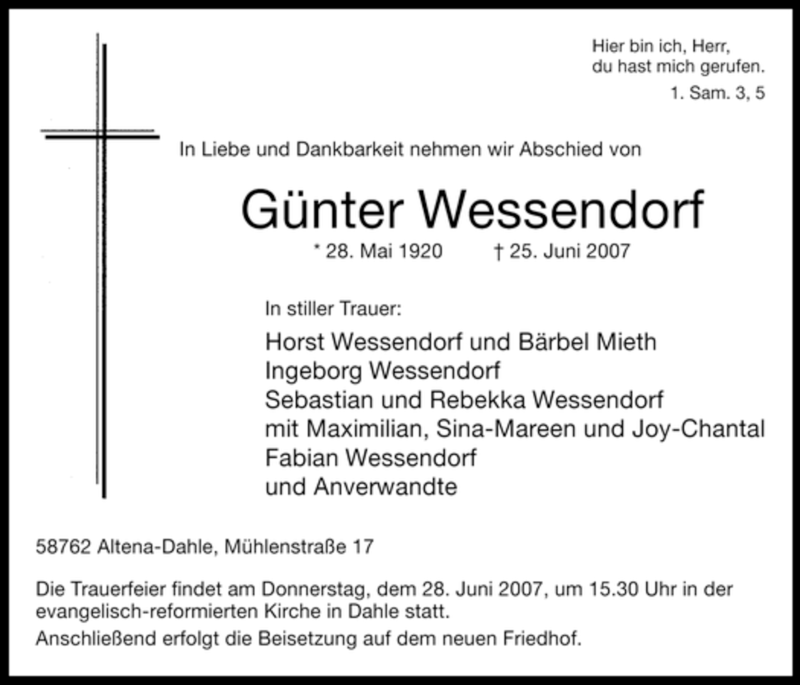  Traueranzeige für Günter Wessendorf vom 26.06.2007 aus Tageszeitung