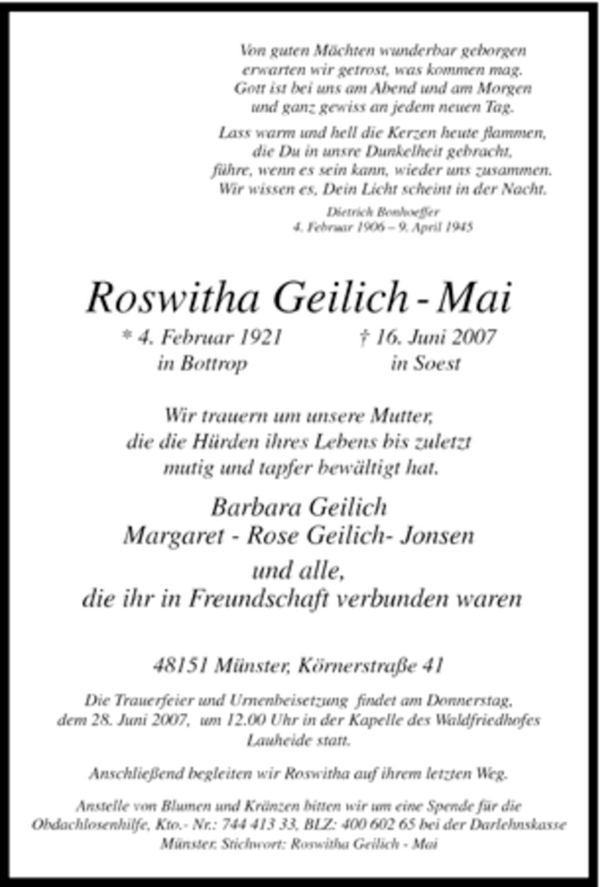  Traueranzeige für Roswitha Geilich geb. Mai vom 27.06.2007 aus Tageszeitung
