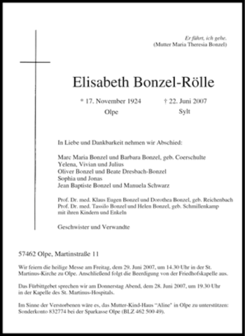 Traueranzeige von lisabeth Bonzel-Rölle von Tageszeitung