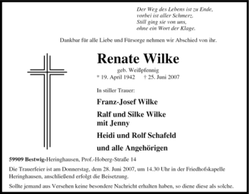 Traueranzeige von Renate Wilke von Tageszeitung