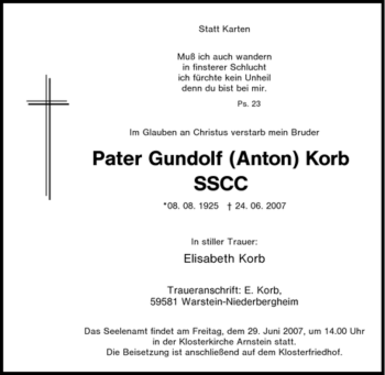 Traueranzeige von Pater Gundolf Korb von Tageszeitung