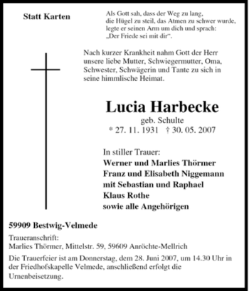 Traueranzeige von Lucia Harbecke von Tageszeitung