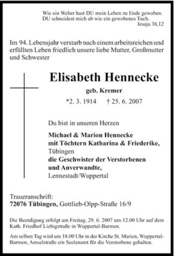 Traueranzeige von Elisabeth Hennecke von Tageszeitung