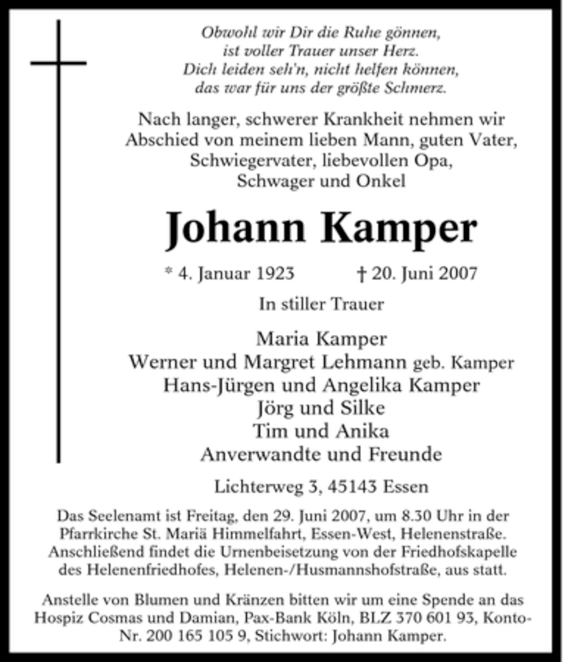 Traueranzeigen von Johann Kamper TrauerinNRW.de