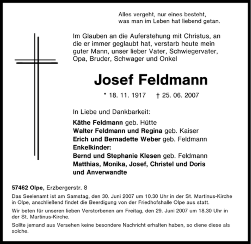  Traueranzeige für Josef Feldmann vom 27.06.2007 aus Tageszeitung