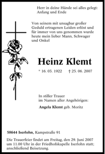 Traueranzeige von Heinz Klemt von Tageszeitung