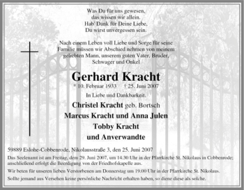Traueranzeige von Gerhard Kracht von Tageszeitung