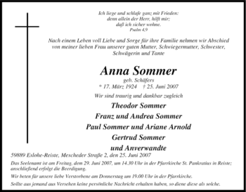 Traueranzeige von Anna Sommer von Tageszeitung