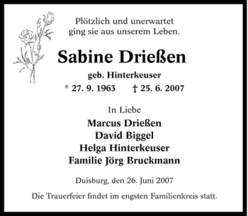 Traueranzeige von Sabine Drießen von Tageszeitung
