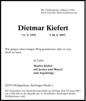 Traueranzeige von Dietmar Kiefert von Tageszeitung