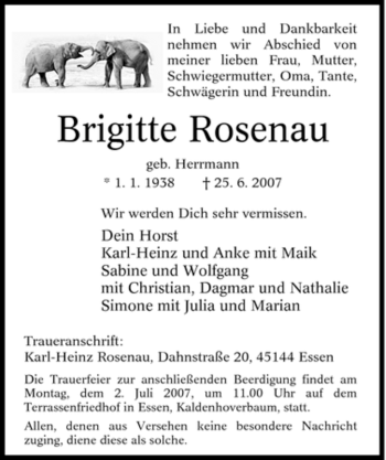 Traueranzeige von igitte Rosenau von Tageszeitung