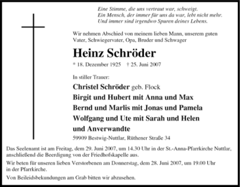 Traueranzeige von Heinz Schröder von Tageszeitung