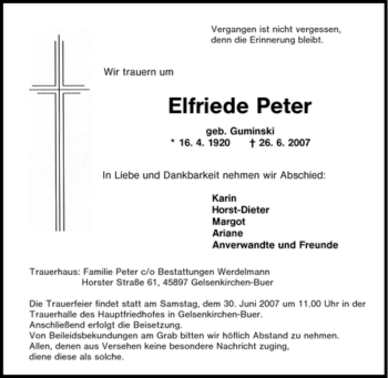 Traueranzeige von Elfriede Peter von Tageszeitung