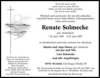 Traueranzeige von Renate Solmecke von Tageszeitung
