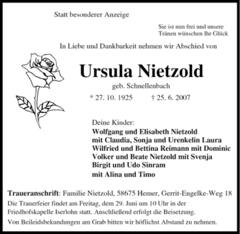 Traueranzeige von Ursula Nietzold von Tageszeitung