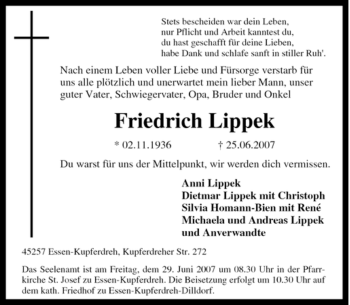 Traueranzeige von Friedrich Lippek von Tageszeitung