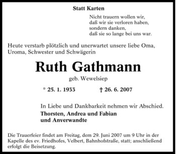 Traueranzeige von Ruth Gathmann von Tageszeitung