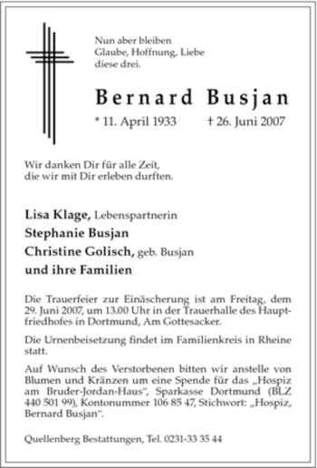 Traueranzeige von Bernard Busjan von Tageszeitung