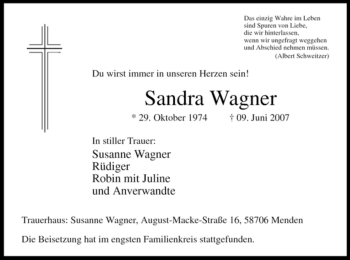 Traueranzeige von Sandra Wagner von Tageszeitung