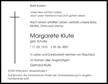 Traueranzeige von Margarete Klute von Tageszeitung