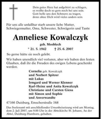 Traueranzeige von Anneliese Kowalczyk von Tageszeitung
