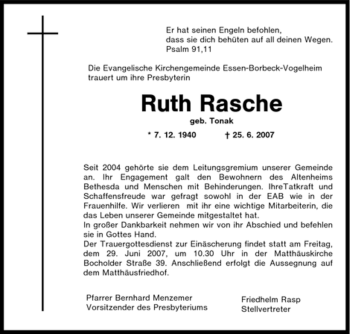 Traueranzeige von Ruth Rasche von Tageszeitung