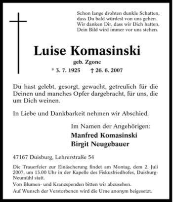 Traueranzeige von Luise Komasinski von Tageszeitung