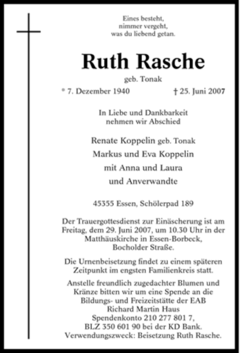 Traueranzeige von Ruth Rasche von Tageszeitung
