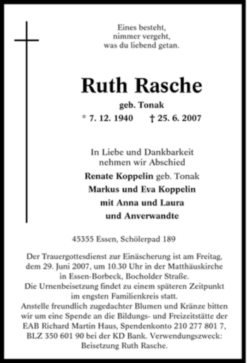 Traueranzeige von Ruth Rasche von Tageszeitung