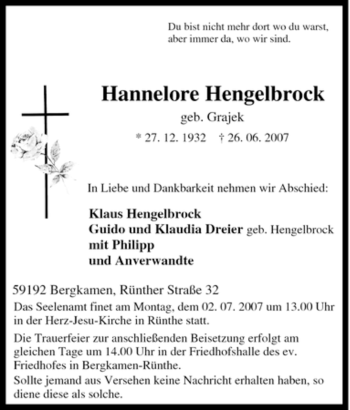 Traueranzeige von Hannelore Hengelbrock von Tageszeitung