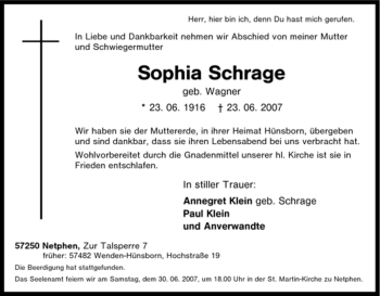 Traueranzeige von Sophia Schrage von Tageszeitung