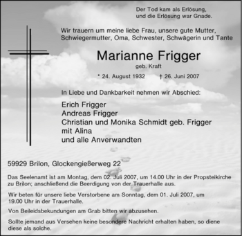 Traueranzeige von Marianne Frigger von Tageszeitung