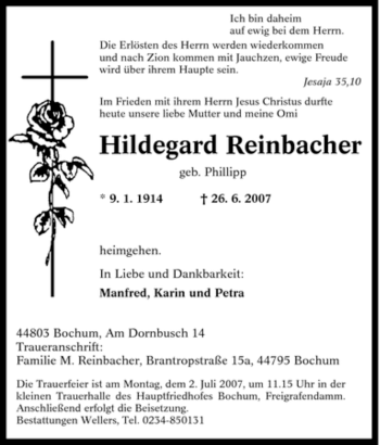 Traueranzeige von Hildegard Reinbacher von Tageszeitung
