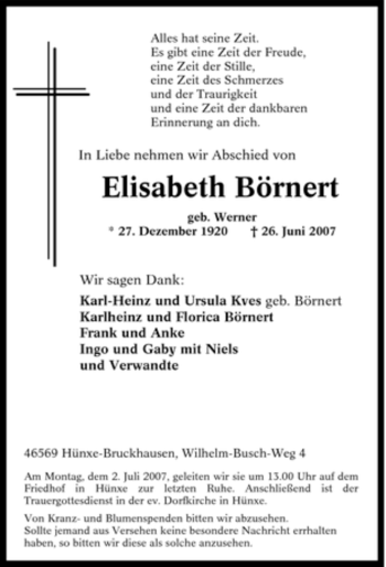 Traueranzeige von Elisabeth Börnert von Tageszeitung