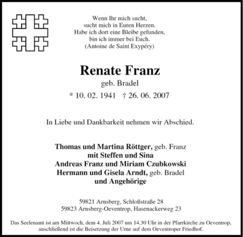  Traueranzeige für Renate Franz vom 28.06.2007 aus Tageszeitung