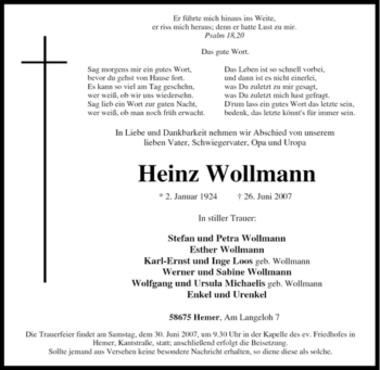 Traueranzeige von Heinz Wollmann von Tageszeitung