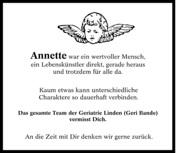 Traueranzeige von Annette war ein wertvoller Mensch, ein Lebenskünstler direkt unterschiedliche von Tageszeitung