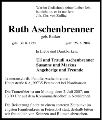 Traueranzeige von Ruth Aschenbrenner von Tageszeitung