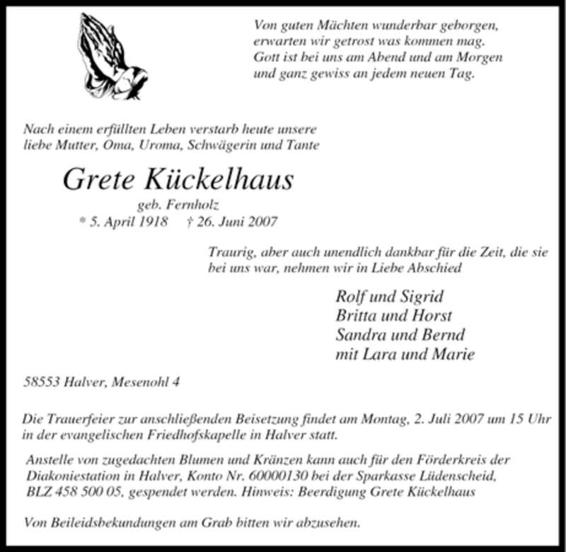  Traueranzeige für Grete Kückelhaus vom 28.06.2007 aus Tageszeitung