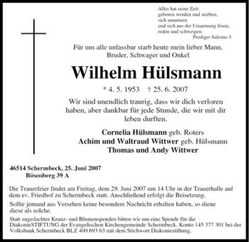 Traueranzeige von Wilhelm Hülsmann von Tageszeitung
