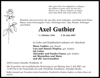 Traueranzeige von Axel Gutbier von Tageszeitung